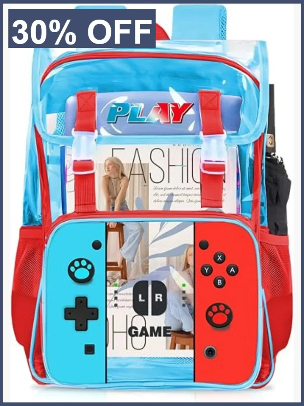 Kids Clear Backpack Boys Gamer Design Heavy Duty PVC Transparent Bookbag with